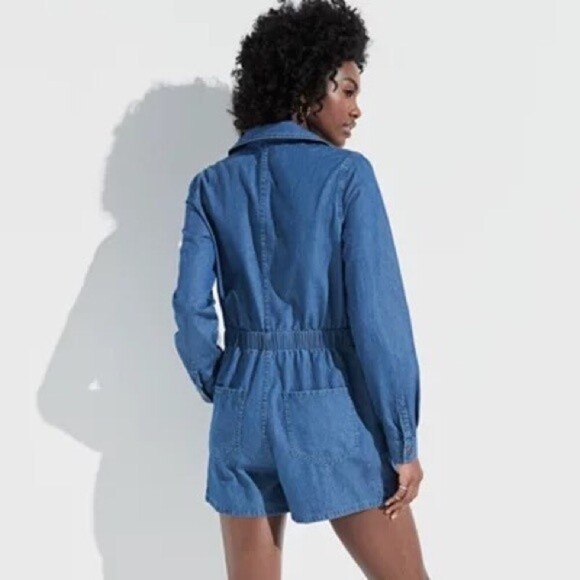 K/lab patched long sleeve button down denim romper size large - Picture 2 of 14